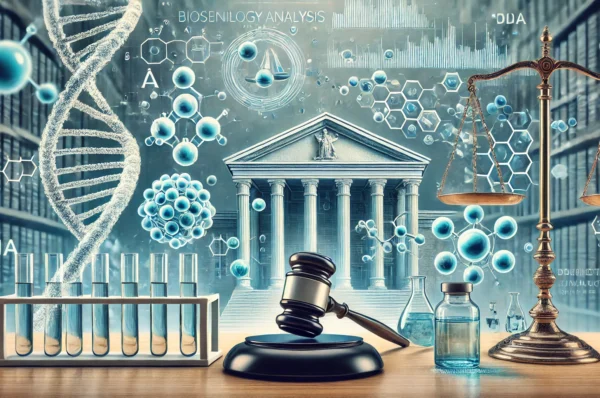 A professional blog cover image for a legal analysis article about biosimilar patent infringement in India. The image should include visual elements r