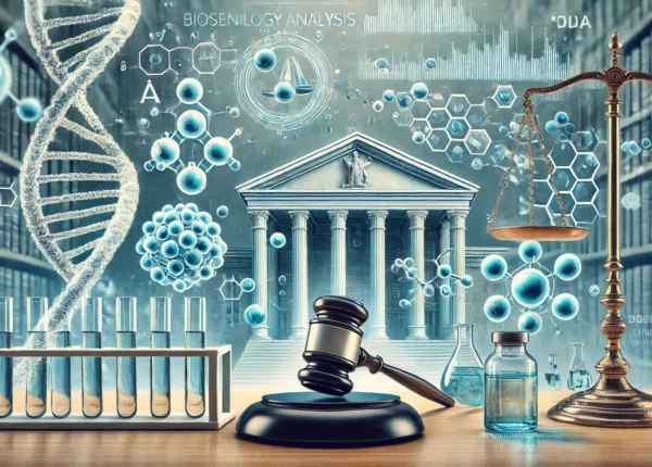 A professional blog cover image for a legal analysis article about biosimilar patent infringement in India. The image should include visual elements r